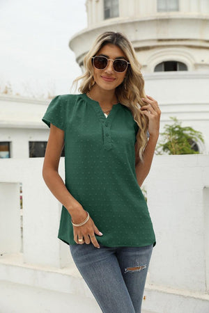 Sweet Vacation Notched Neck Swiss Dot Blouse - MXSTUDIO.COM