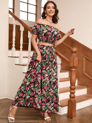 Sweet Vacation Off-Shoulder Top Floral Maxi Skirt Set - MXSTUDIO.COM