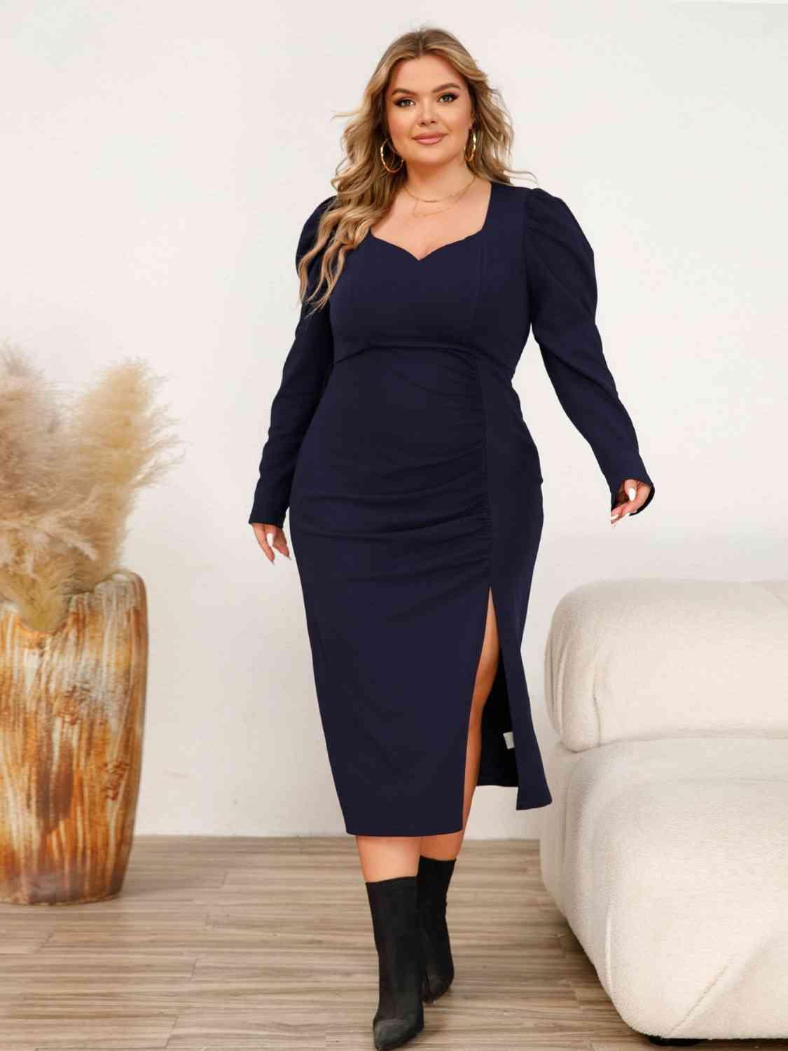 Sweetheart Neck Midi Navy Blue Plus Size Dress - MXSTUDIO.COM