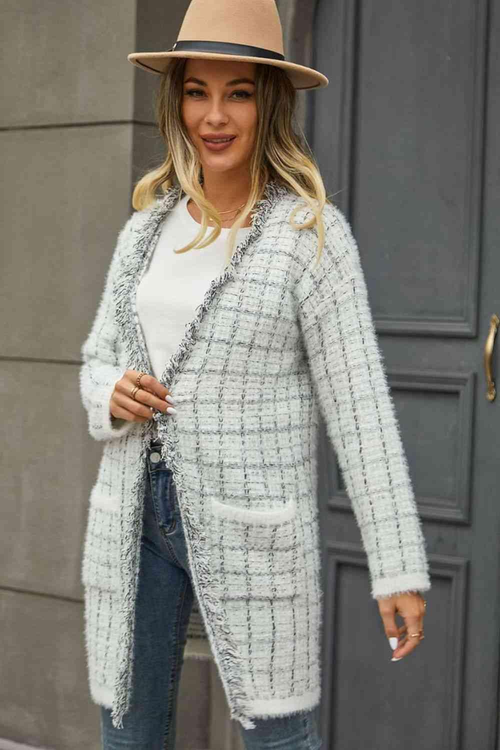 Take A Break Fringe Trim Open Front Long Plaid Cardigan - MXSTUDIO.COM