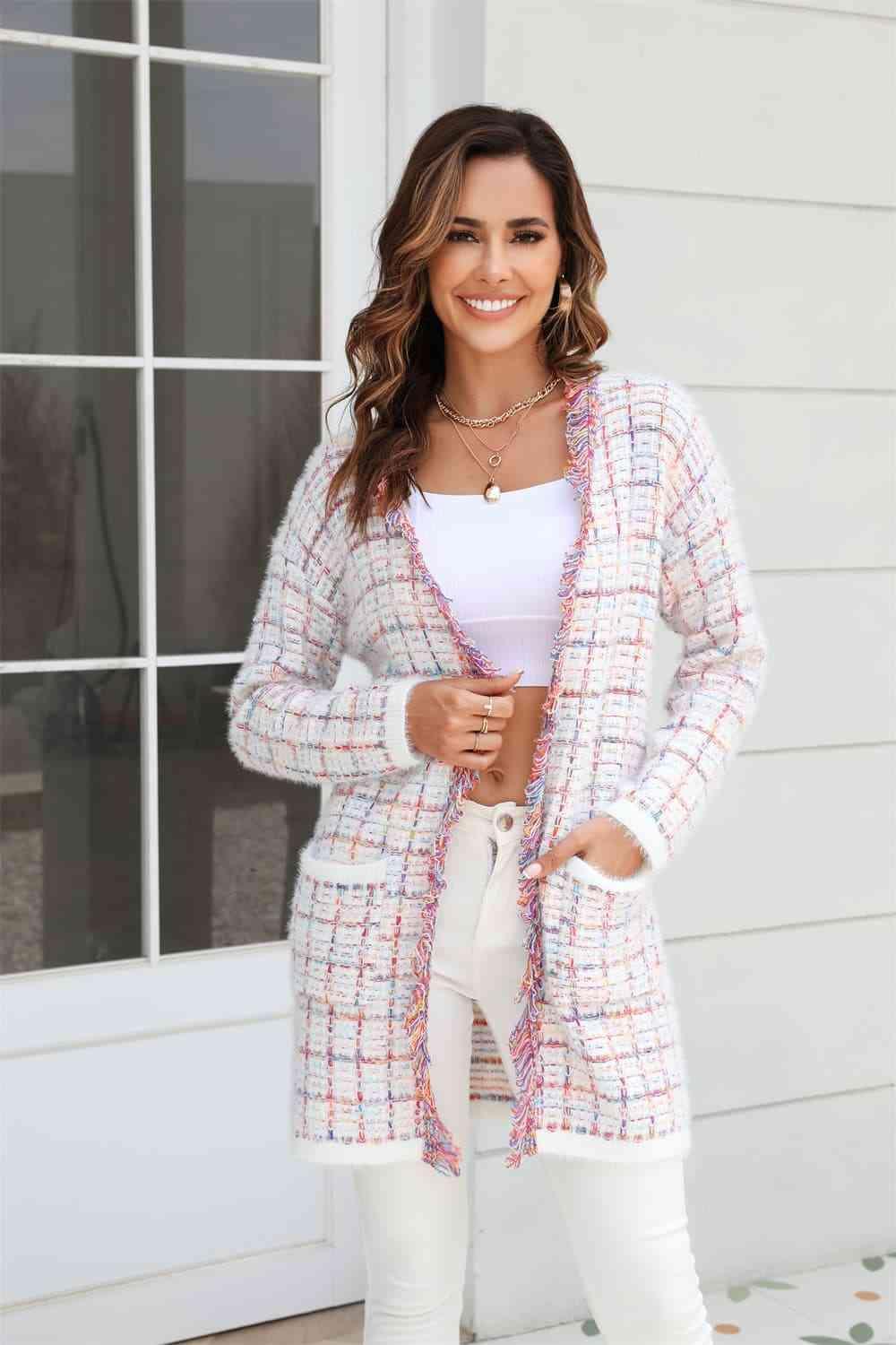 Take A Break Fringe Trim Open Front Long Plaid Cardigan - MXSTUDIO.COM