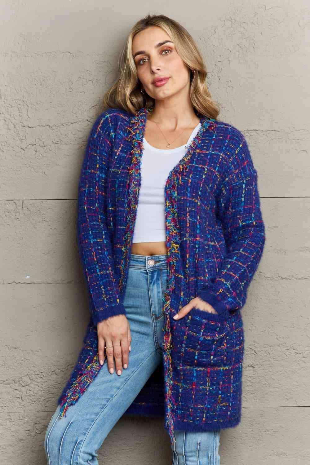 Take A Break Fringe Trim Open Front Long Plaid Cardigan - MXSTUDIO.COM