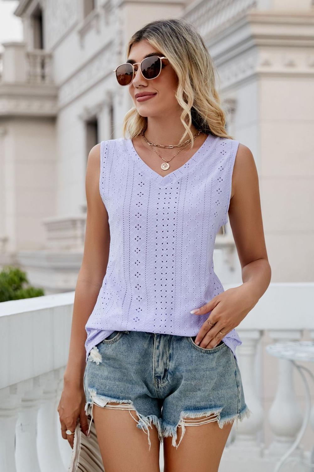 Take A Break V-Neck Eyelet Tank - MXSTUDIO.COM