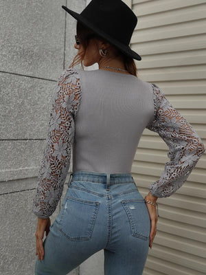 Take Me Ribbed Knit Lace Long Sleeve Top - MXSTUDIO.COM