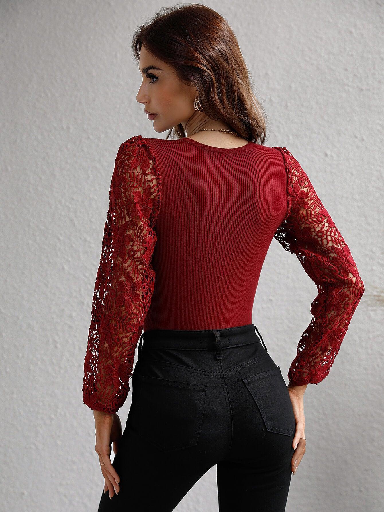 Take Me Ribbed Knit Lace Long Sleeve Top - MXSTUDIO.COM