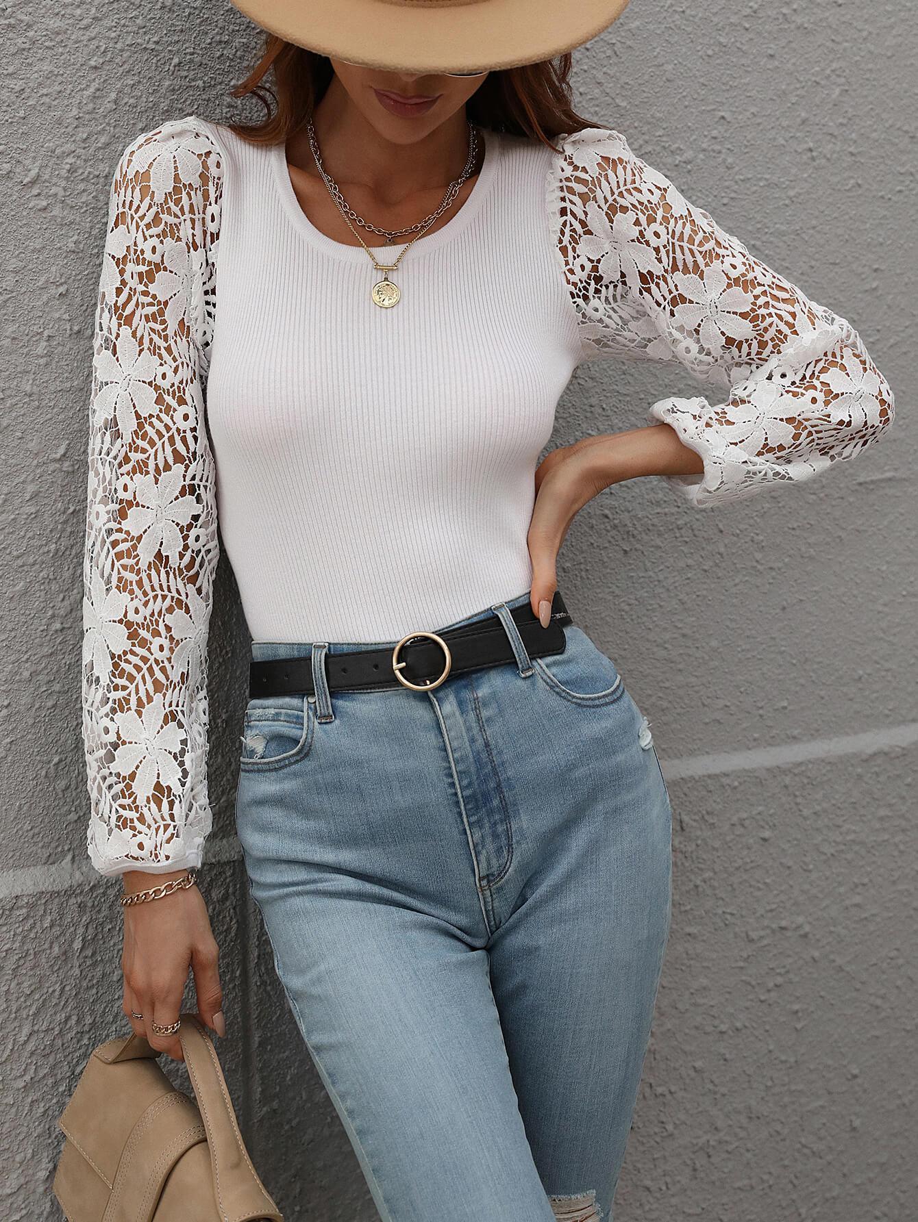 Take Me Ribbed Knit Lace Long Sleeve Top - MXSTUDIO.COM