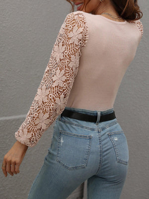 Take Me Ribbed Knit Lace Long Sleeve Top - MXSTUDIO.COM