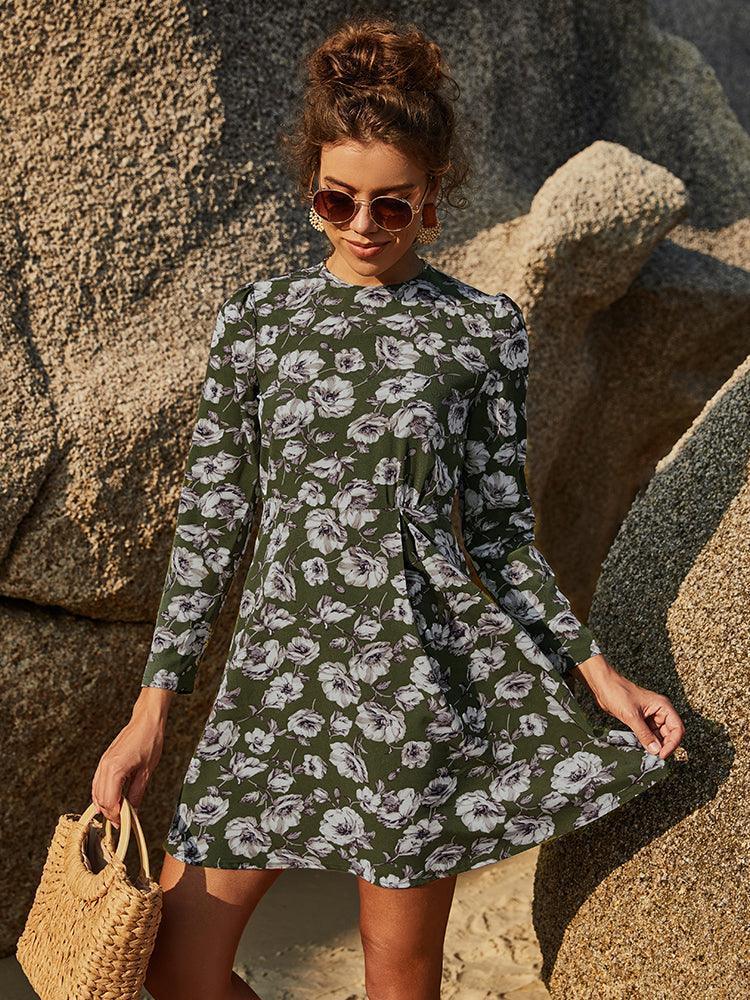 Take Risk A Line Long Sleeve Floral Mini Dress - MXSTUDIO.COM