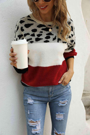 Tamed Comfort Color Block Knit Leopard Print Sweater-MXSTUDIO.COM