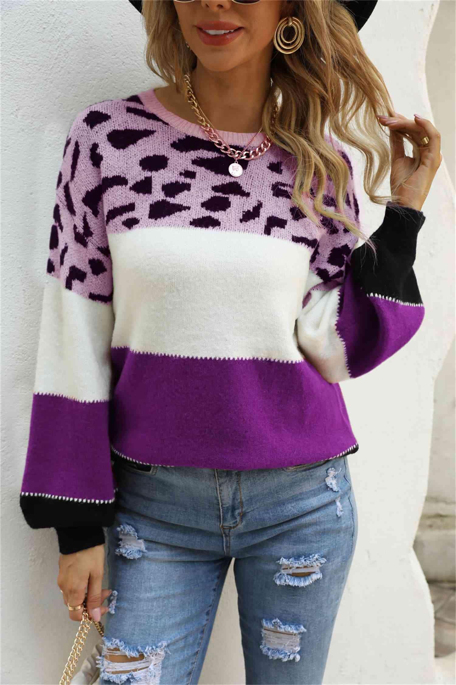 Tamed Comfort Color Block Knit Leopard Print Sweater-MXSTUDIO.COM