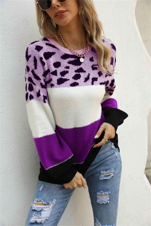 Tamed Comfort Color Block Knit Leopard Print Sweater-MXSTUDIO.COM