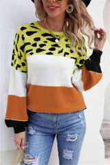 Tamed Comfort Color Block Knit Leopard Print Sweater-MXSTUDIO.COM