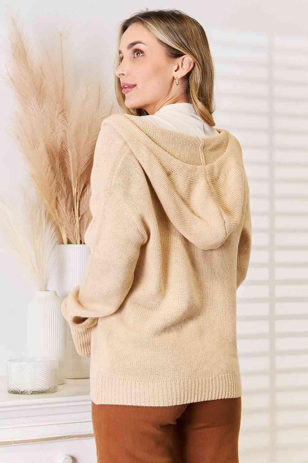 Tan Button-Down Women Hooded Sweater-MXSTUDIO.COM