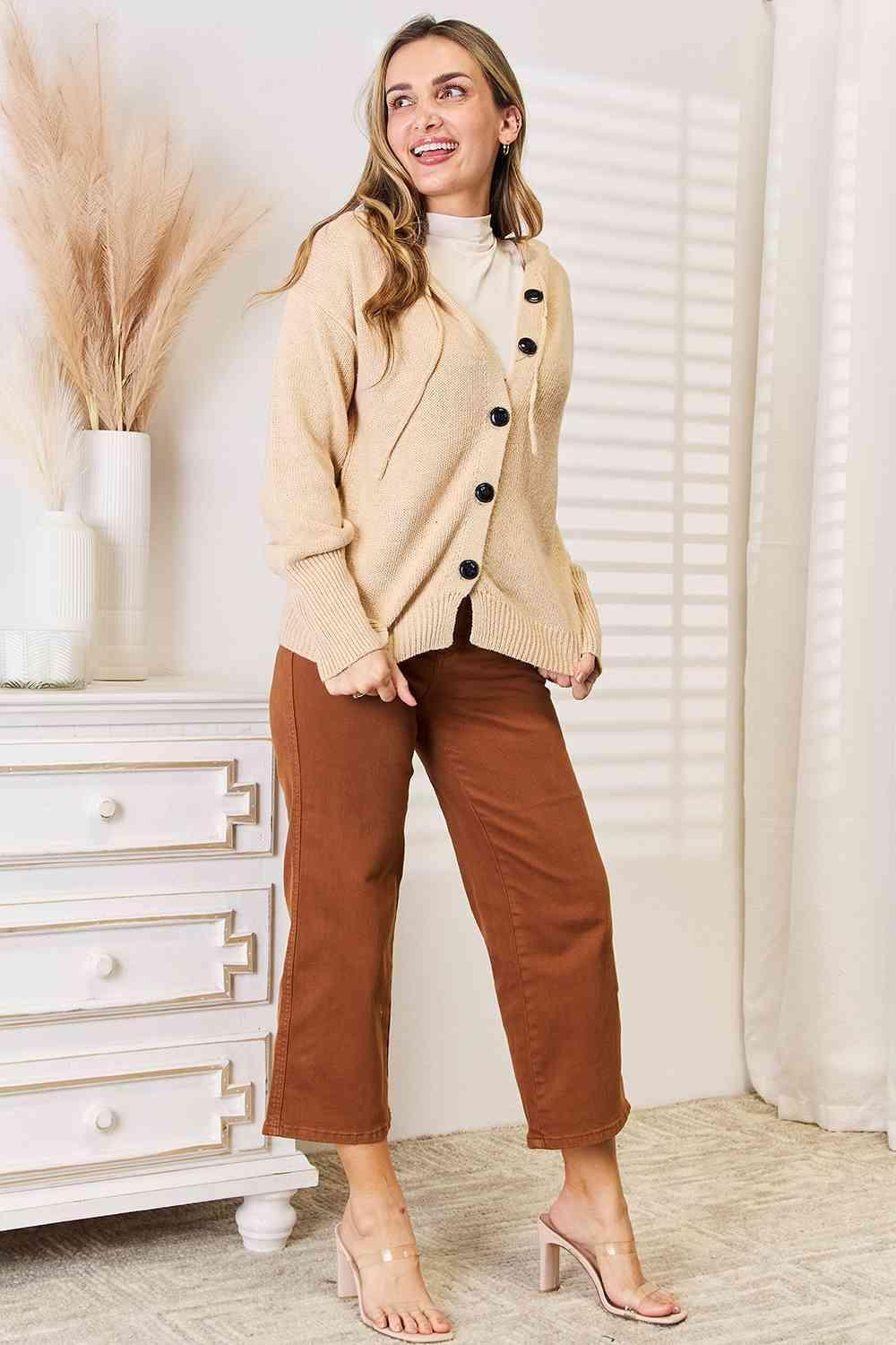 Tan Button-Down Women Hooded Sweater-MXSTUDIO.COM