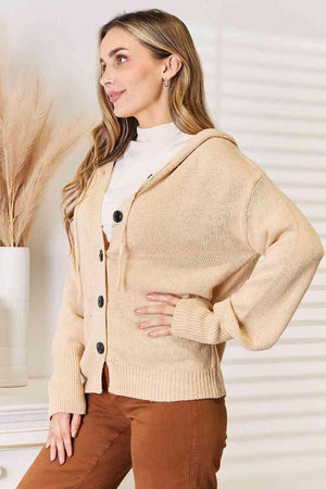 Tan Button-Down Women Hooded Sweater-MXSTUDIO.COM