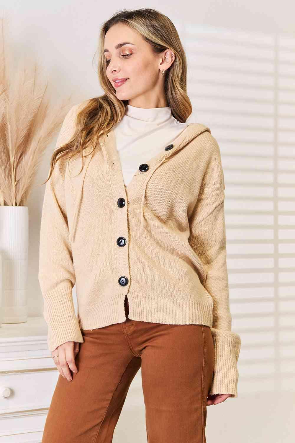Tan Button-Down Women Hooded Sweater-MXSTUDIO.COM