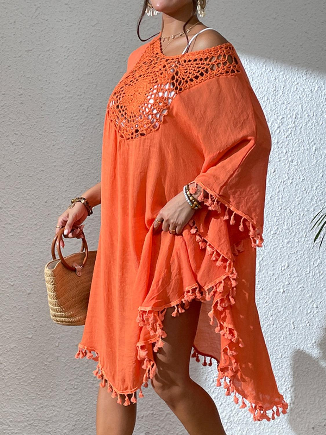 a woman in an orange dress is holding a basket