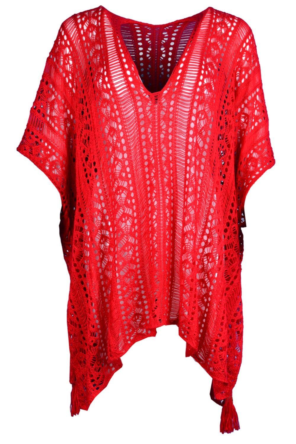 a red top with a lace pattern on it