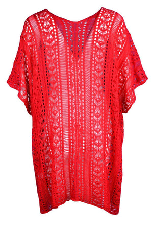 a red top with a lace pattern on it