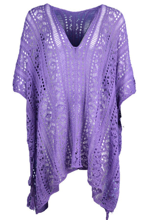 a purple knitted top with holes on it
