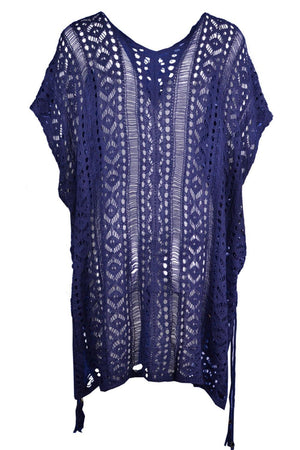 a blue top with a crochet pattern on it
