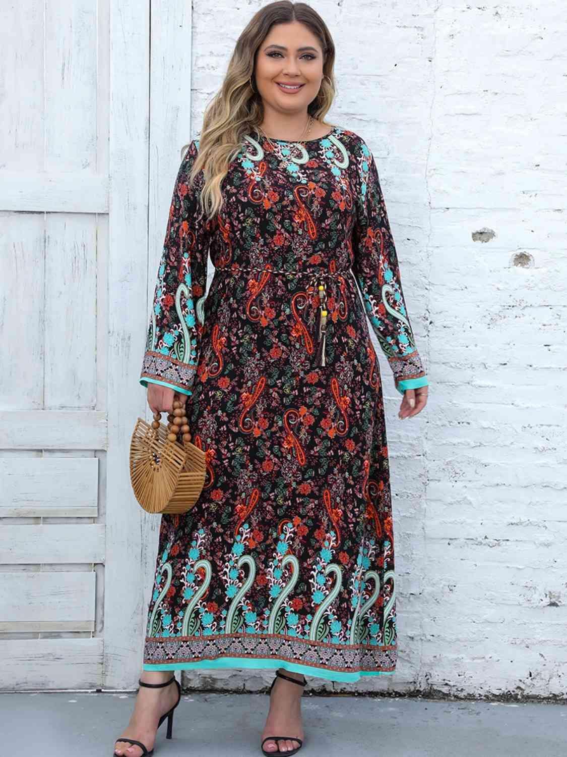 Tassel Accent Plus Size Floral Print Dress - MXSTUDIO.COM