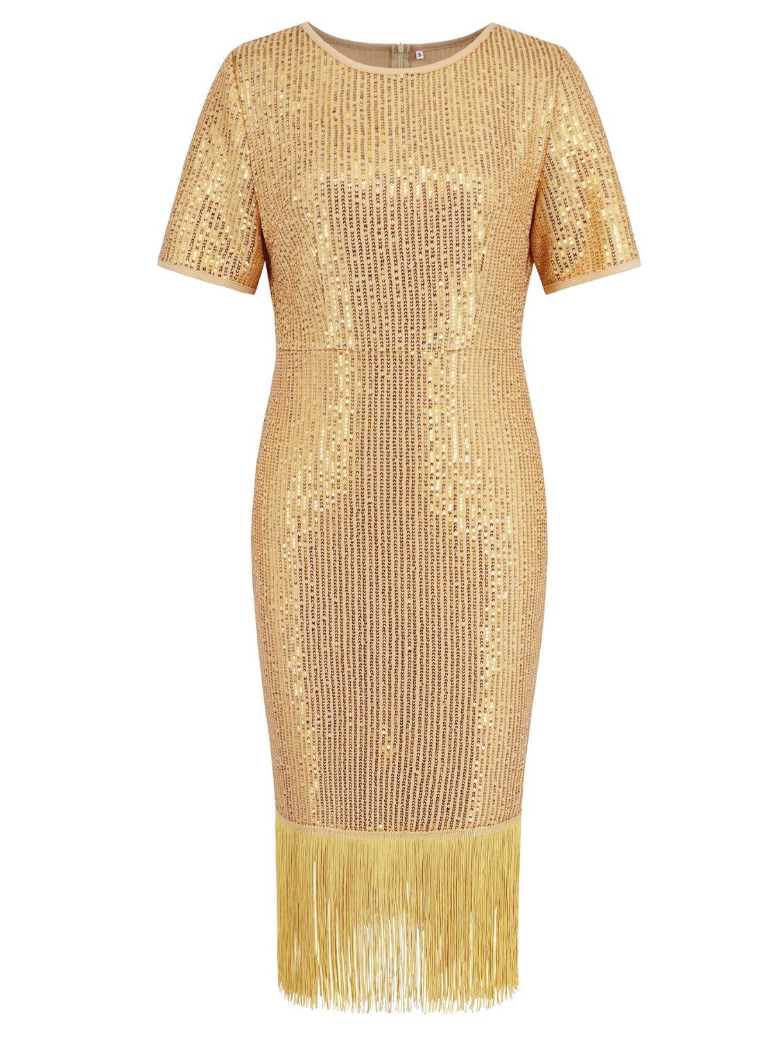 a gold dress with fringes and sequins