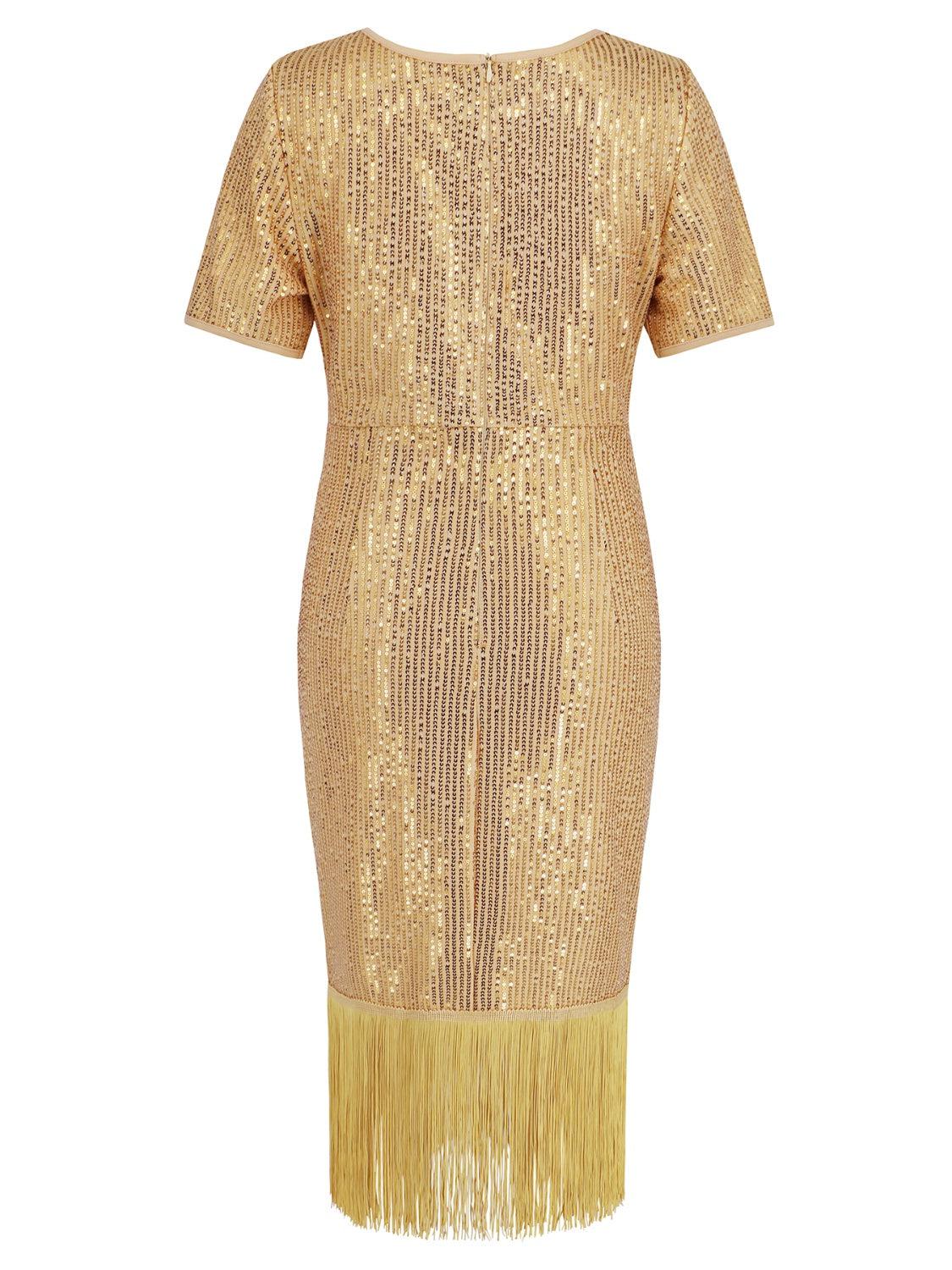 a gold dress with fringes and sequins