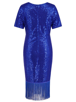 a blue dress with fringes and sequins