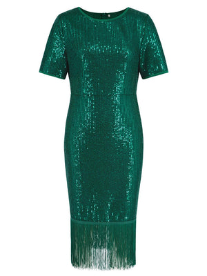 a green sequinned dress with fringes