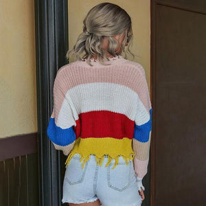 Teen Comfort Color Block Frayed Hem Sweater-MXSTUDIO.COM