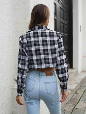 Teenage Trend Buttoned Cropped Plaid Jacket-MXSTUDIO.COM