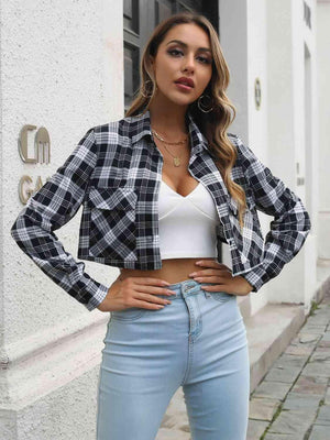 Teenage Trend Buttoned Cropped Plaid Jacket-MXSTUDIO.COM