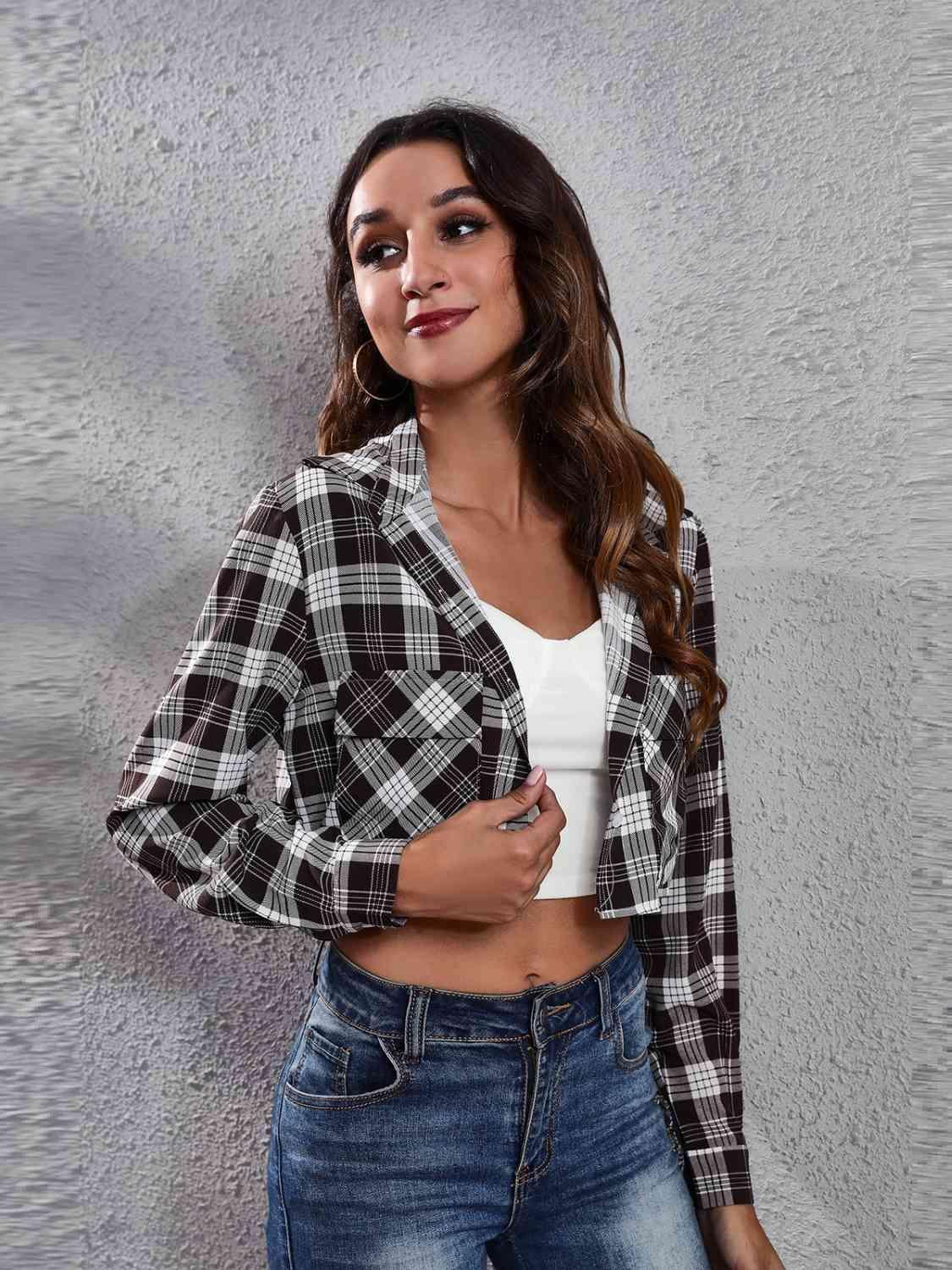 Teenage Trend Buttoned Cropped Plaid Jacket-MXSTUDIO.COM