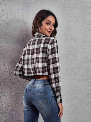 Teenage Trend Buttoned Cropped Plaid Jacket-MXSTUDIO.COM