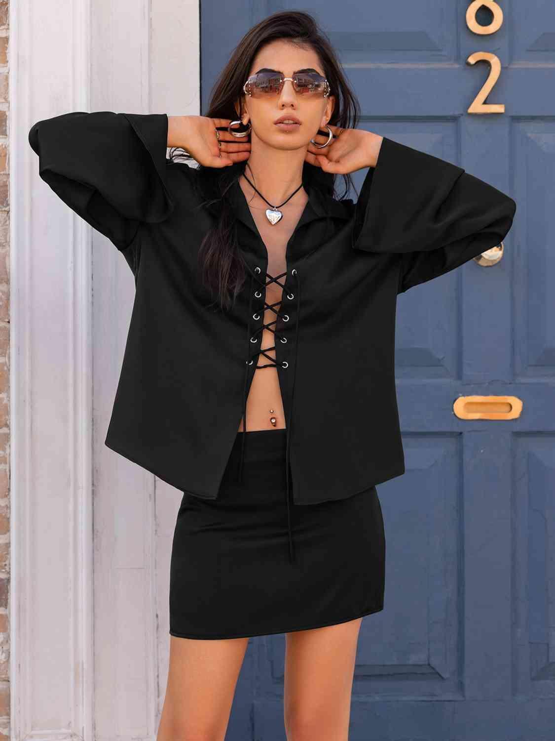 Tempting Lace Up Long Sleeve Shirt and Skirt Set - MXSTUDIO.COM
