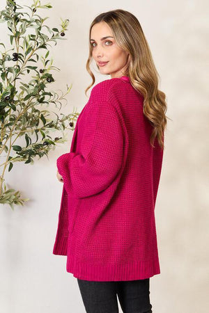 Tender Embrace Waffle-Knit Magenta Cardigan-MXSTUDIO.COM