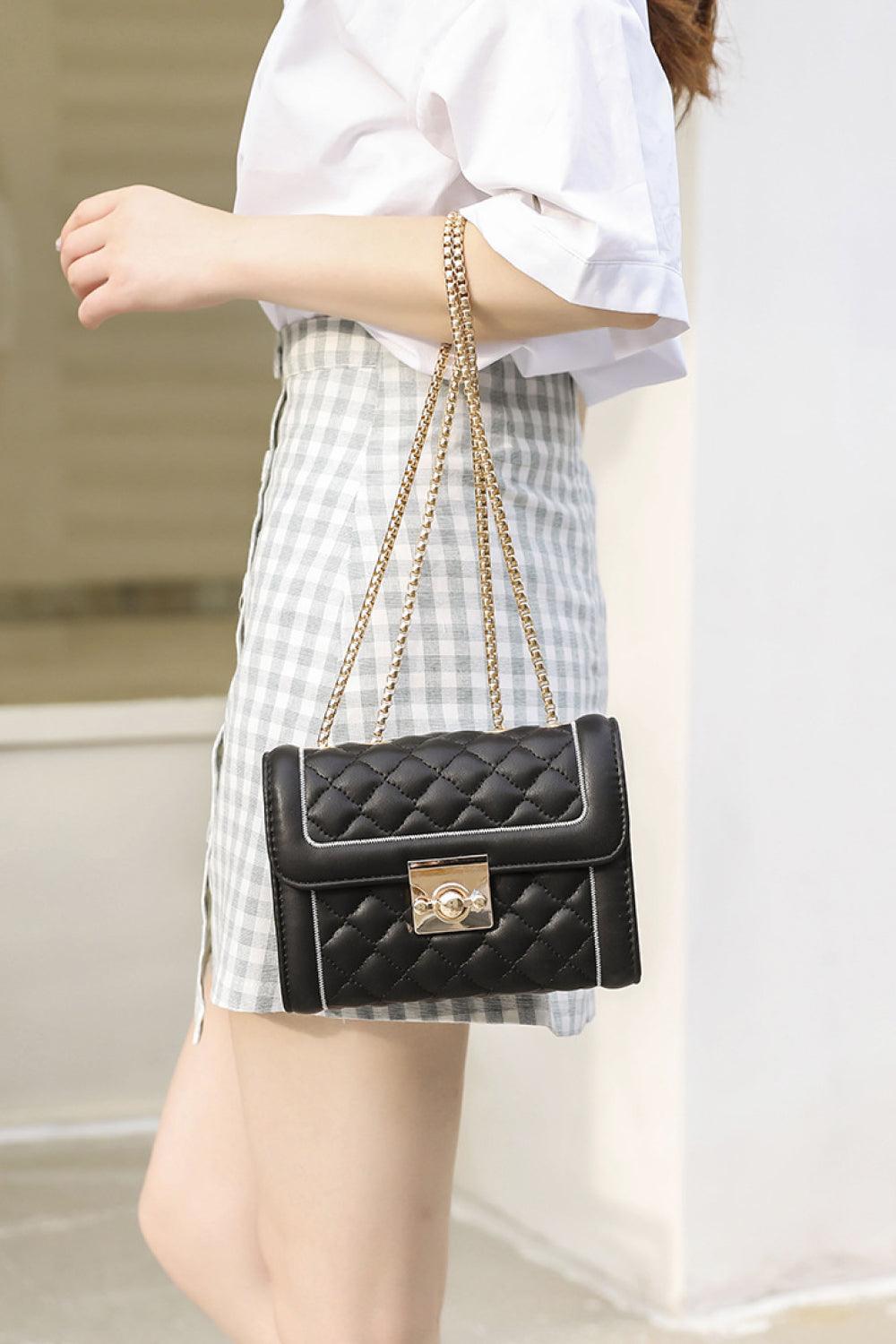 Textured Pattern PU Leather Double Chain Strap Shoulder Bag - MXSTUDIO.COM