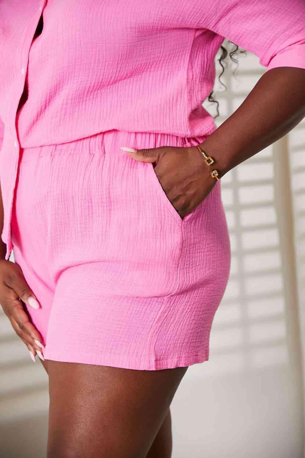 Textured Shirt And Elastic Waist Shorts Pink Outfit Set - MXSTUDIO.COM