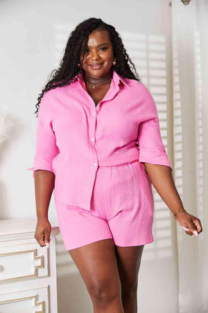 Textured Shirt And Elastic Waist Shorts Pink Outfit Set - MXSTUDIO.COM