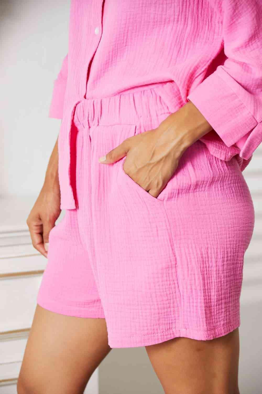 Textured Shirt And Elastic Waist Shorts Pink Outfit Set - MXSTUDIO.COM