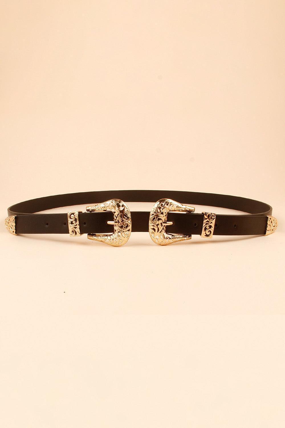 Thin PU Leather Black Women's Double Buckle Belt - MXSTUDIO.COM