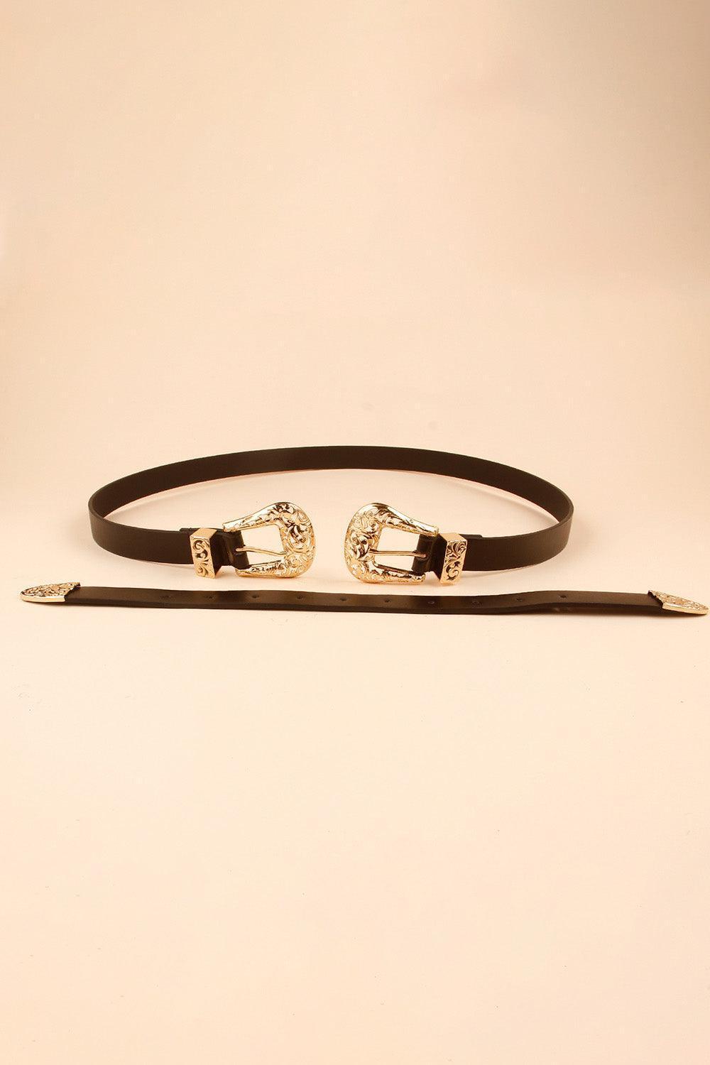 Thin PU Leather Black Women's Double Buckle Belt - MXSTUDIO.COM