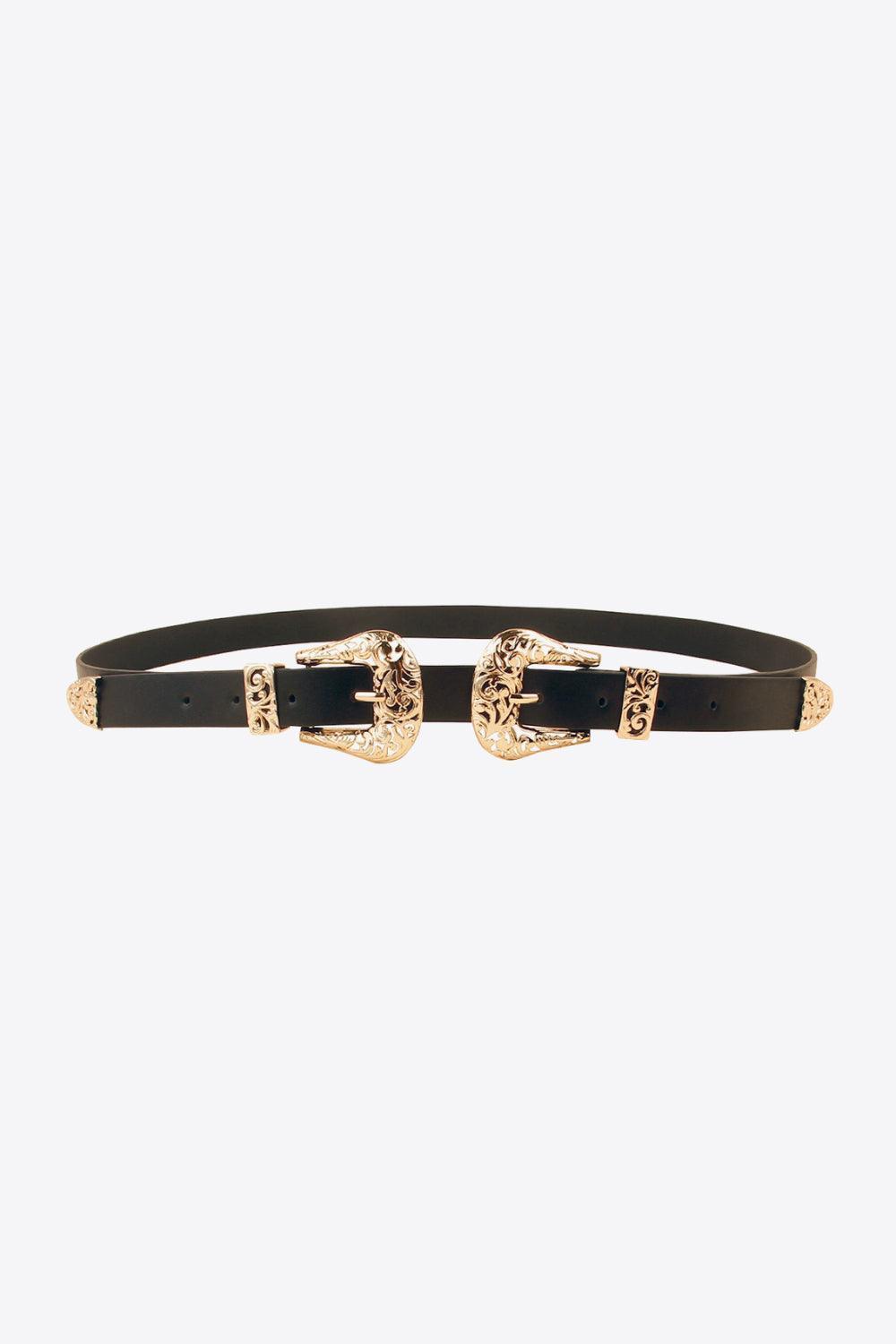 Thin PU Leather Black Women's Double Buckle Belt - MXSTUDIO.COM