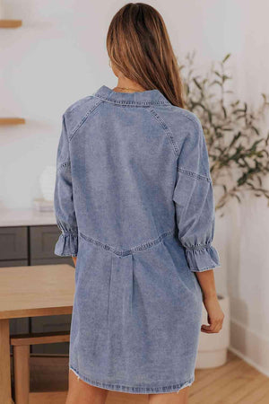 Three-Quarter Sleeve Button Front Denim Mini Dress - MXSTUDIO.COM