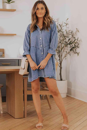 Three-Quarter Sleeve Button Front Denim Mini Dress - MXSTUDIO.COM