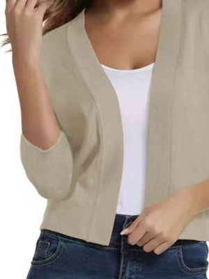 Three Quarter Sleeve Open Front Cardigan-MXSTUDIO.COM