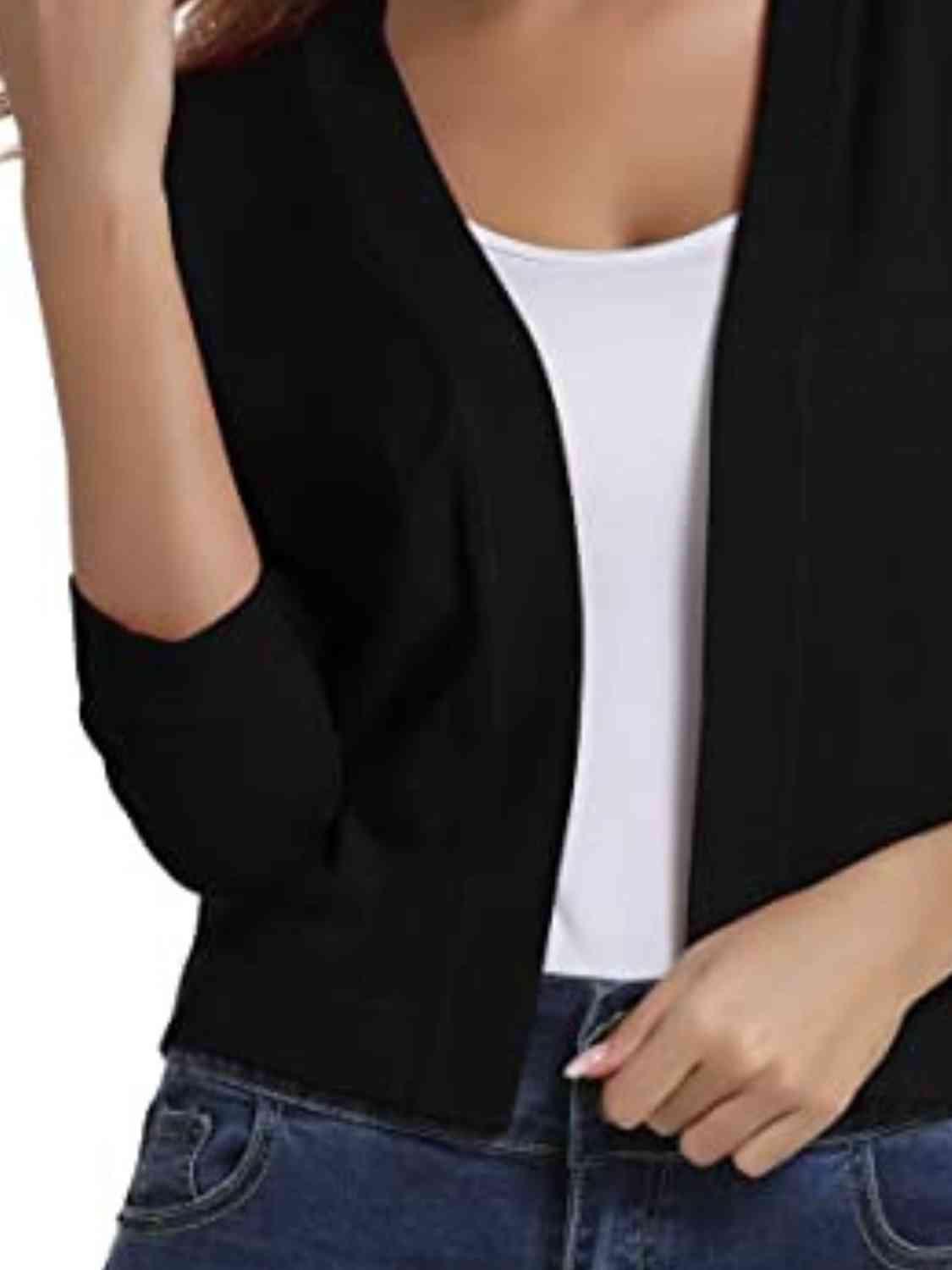 Three Quarter Sleeve Open Front Cardigan-MXSTUDIO.COM