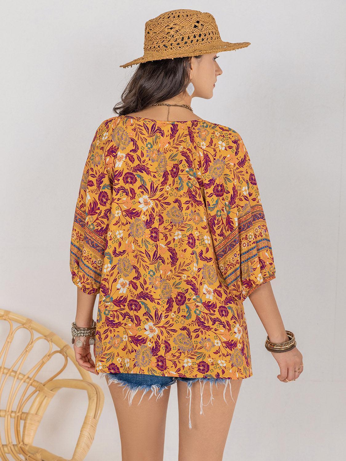 Three-Quarter Sleeves Printed Tie Neck Bohemian Blouse - MXSTUDIO.COM