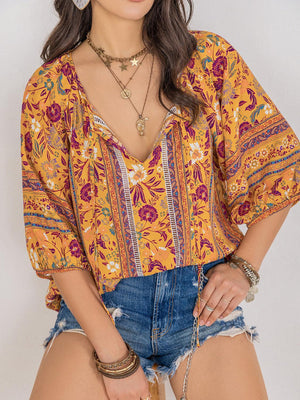 Three-Quarter Sleeves Printed Tie Neck Bohemian Blouse - MXSTUDIO.COM